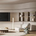 Modern Living Room Interior With Curved Sofa Large TV Round Coffee Table And Wooden Floor