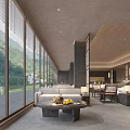 Hotel Public Lounge Area With Large Window Blinds Mountain View And Comfortable Seating