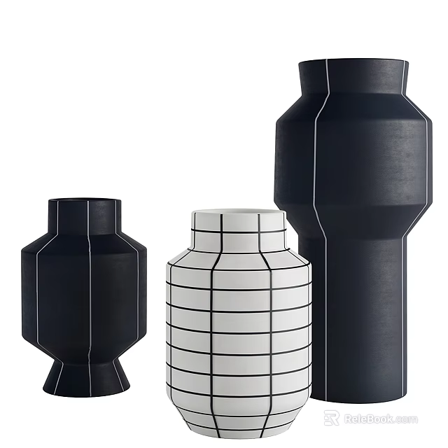 Modern Geometric Ceramic Vases With Black White Grid Patterns For Home Decoration 3d model 