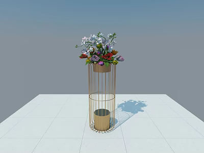 Floral Installation With Metal Cylindrical Frame Stand Holding Various Colorful Flowers On White Tiled Floor 3d model