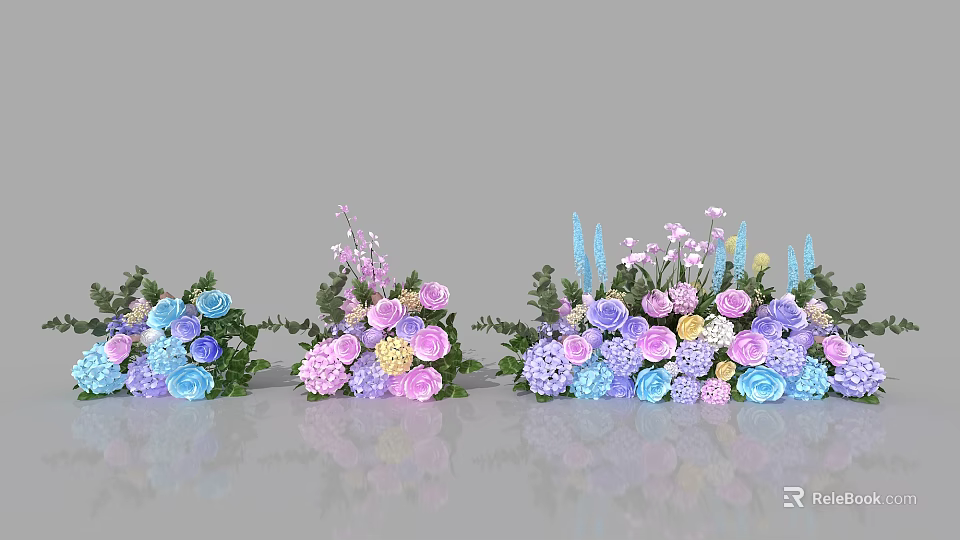 Colorful Floral Display With Various Blue Pink Purple Flowers Green Foliage And Reflections 3d model 