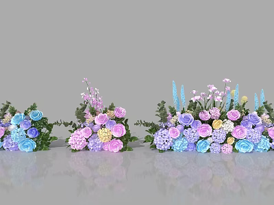 Colorful Floral Display With Various Blue Pink Purple Flowers Green Foliage And Reflections 3d model
