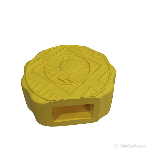 Yellow Round Object With Cartoon Bear Design Square Indentation And Edge Patterns 3d model 