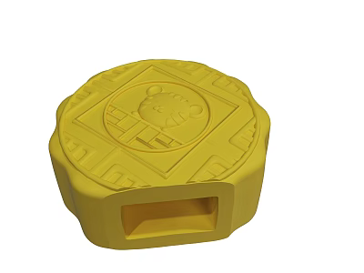 Yellow Round Object With Cartoon Bear Design Square Indentation And Edge Patterns 3d model
