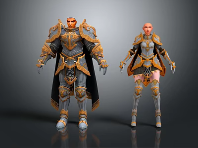 Game Movie Characters in Ornate Armour with Gold Accents Male and Female Designs 3d model