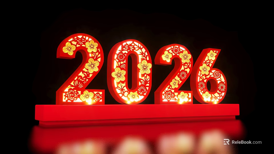 2026 Red Lighted Photo Check In Spot With Golden Floral Patterns 3d model 