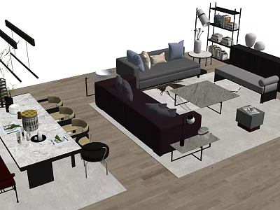 Modern Interior Dining Table Set With Marble Top Chairs Sofa And Coffee Table 3d model