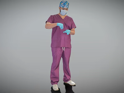 A Man In Purple Surgical Scrubs Wearing Blue Cap Mask Putting On Blue Gloves 3d model