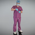 A Man In Purple Surgical Scrubs Wearing Blue Cap Mask Putting On Blue Gloves