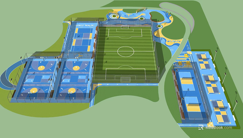 Modern Garden Features With Football Field Multiple Basketball Courts Green Lawns And Curved Paths 3d model 
