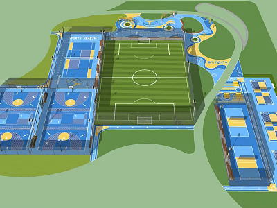 Modern Garden Features With Football Field Multiple Basketball Courts Green Lawns And Curved Paths 3d model