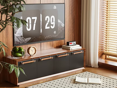 Modern TV Stand With Wooden Frame Black Cabinets Clock Books Green Fruits And Plant 3d model