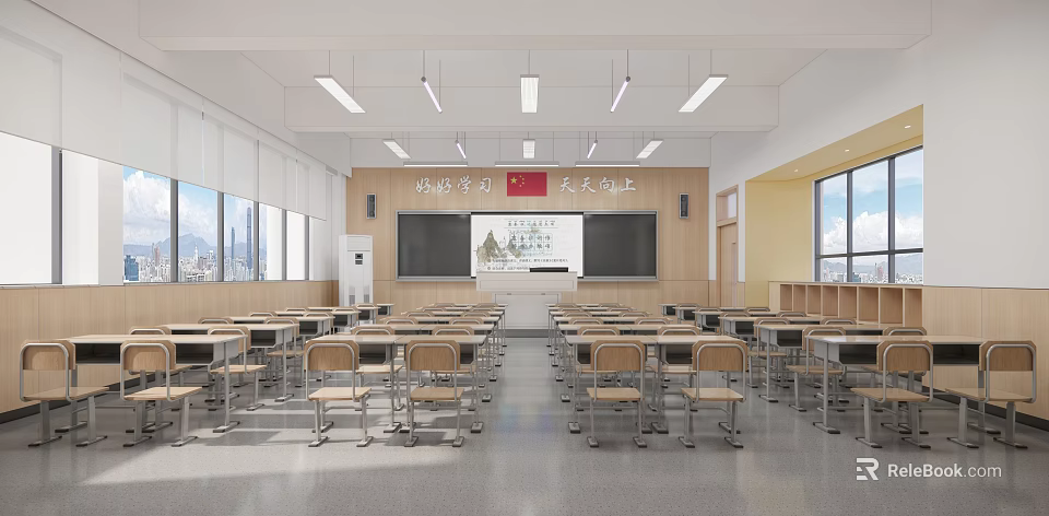Modern School Classroom Featuring Neat Desks Chairs Blackboard and Bright Learning Space 3d model