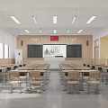 Modern School Classroom Featuring Neat Desks Chairs Blackboard and Bright Learning Space 3d model