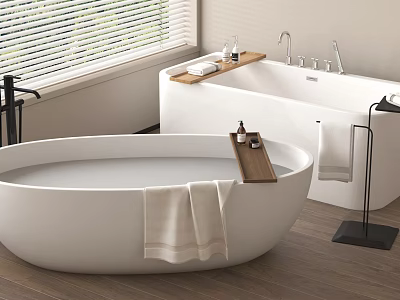 Modern Oval Bathtub Bathroom Interior with Wooden Tray Towel Toiletries and Window Blinds 3d model