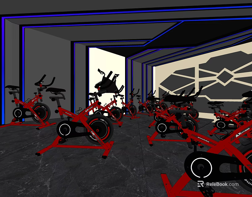 Modern Fitness Studio With Red Spin Bikes Blue Lighting And Geometric Wall Design 3d model 