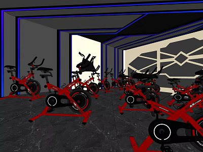 Modern Fitness Studio With Red Spin Bikes Blue Lighting And Geometric Wall Design 3d model