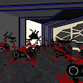 Modern Fitness Studio With Red Spin Bikes Blue Lighting And Geometric Wall Design