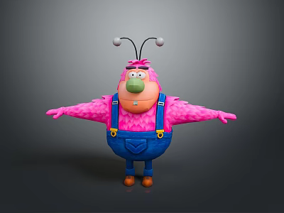 Cartoonish Game Movie Character With Pink Body Blue Overalls Antennae Green Nose And Outstretched Arms 3d model