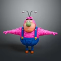 Cartoonish Game Movie Character With Pink Body Blue Overalls Antennae Green Nose And Outstretched Arms