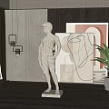 White Standing Sculpture in Indoor Space with Modern Decor Wooden Floor and Plant
