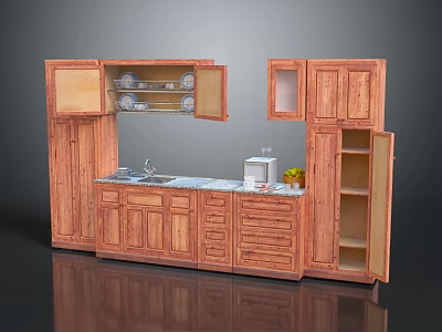 Wooden Kitchen Cabinets With Open Doors Sink Coffee Maker And Fruits On Countertop 3d model