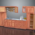 Wooden Kitchen Cabinets With Open Doors Sink Coffee Maker And Fruits On Countertop