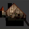 Cartoon Cottage Interior Scene With Cozy Furniture Staircase And Decorative Plants