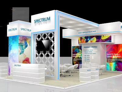 SPECTRUM Exhibition Booth Featuring White Structure Blue Trim Circular Cutouts And Colorful Posters 3d model