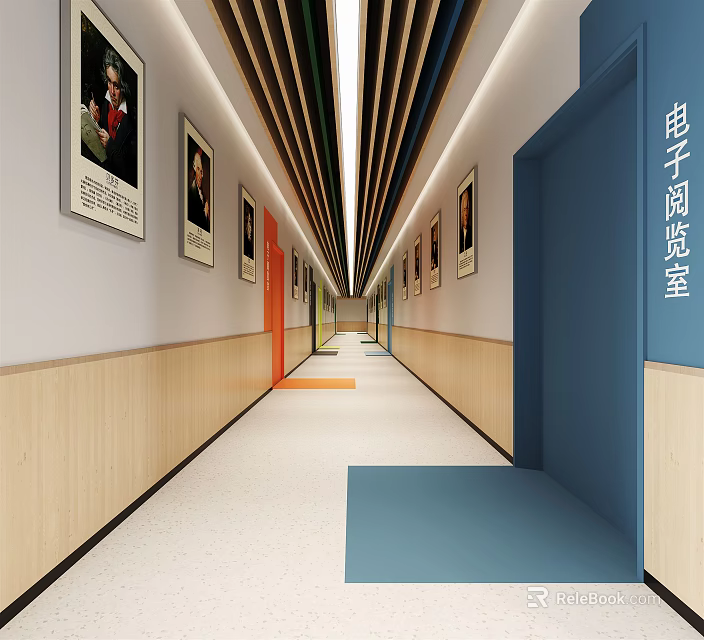 Elevator Corridor With Decorative Paintings Wooden Walls Colorful Doors Bright Floor And Modern Ceiling Design 3d model 