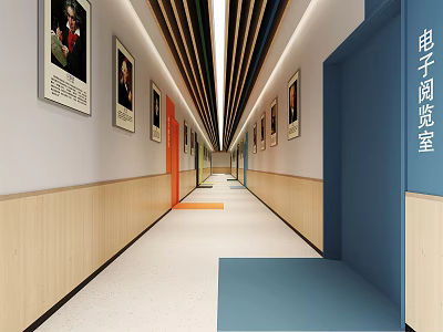 Elevator Corridor With Decorative Paintings Wooden Walls Colorful Doors Bright Floor And Modern Ceiling Design 3d model