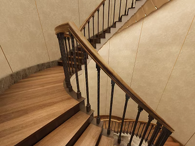 Spiral Staircase With Wooden Steps Black Railings And Elegant Beige Wall Design 3d model