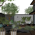 Modern Garden with Wooden Deck Stone Pathway Outdoor Furniture Green Plants and Lighting