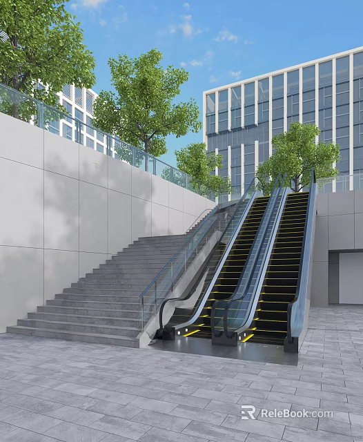 Outdoor Escalator Near Stairs By Urban Buildings And Trees 3d model 