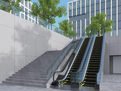 Outdoor Escalator Near Stairs By Urban Buildings And Trees 3d model