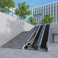 Outdoor Escalator Near Stairs By Urban Buildings And Trees