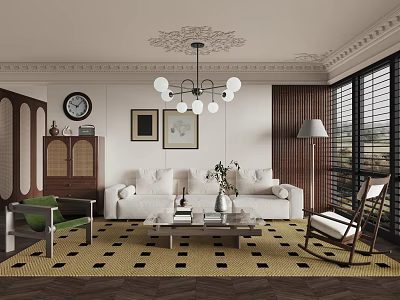 Modern Living Room Interior With White Sofa Coffee Table Green Chair Chandelier and Geometric Rug 3d model