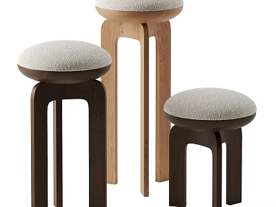 Modern Stools In Different Heights With Upholstered Seats And Wooden Legs 3d model