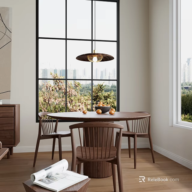 Round Dining Table Set With Three Wooden Chairs By Large Window And Hanging Pendant Light 3d model 