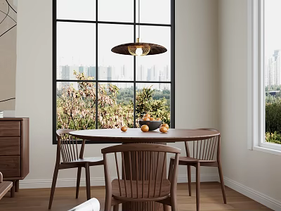 Round Dining Table Set With Three Wooden Chairs By Large Window And Hanging Pendant Light 3d model