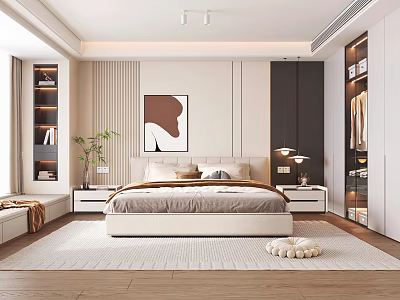 Modern Bedroom Interior With Bed Nightstands Table Lamps Wall Art And Wardrobe 3d model