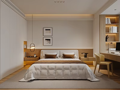Modern Bedroom Interior Design With Bed Nightstand Pendant Light Wall Art Desk And Bookshelf 3d model