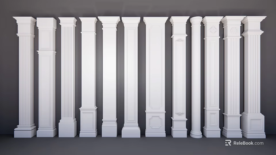 White Roman Columns Featuring Various Decorative Styles And Classic Designs For Interior Decoration 3d model 