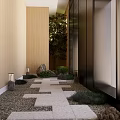 Modern Elevator Lobby With Wooden Walls Red Maple Tree Stone Lantern And Light Shadows