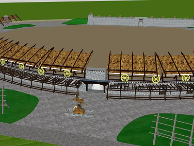 Outdoor Circular Area With Wooden Awnings Fountain Stone Paths And Green Grass 3d model