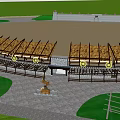 Outdoor Circular Area With Wooden Awnings Fountain Stone Paths And Green Grass