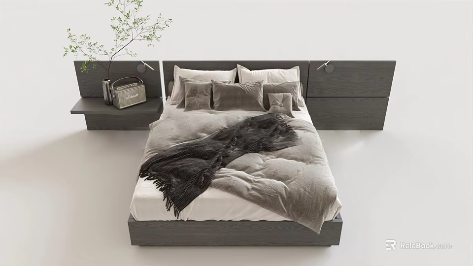Modern Minimalist Double Bed with Grey Headboard Side Nightstands Plush Pillows and Cozy Blanket 3d model 
