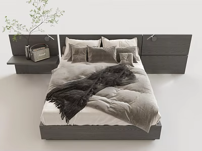 Modern Minimalist Double Bed with Grey Headboard Side Nightstands Plush Pillows and Cozy Blanket 3d model