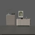 Minimalist Modern White Entryway Console Cabinet And Side Cabinet With Decorative Plant And Picture Frame