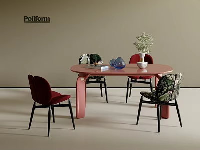 Modern Pink Round Dining Table Set With Four Stylish Chairs And Decorative Vase Plant 3d model